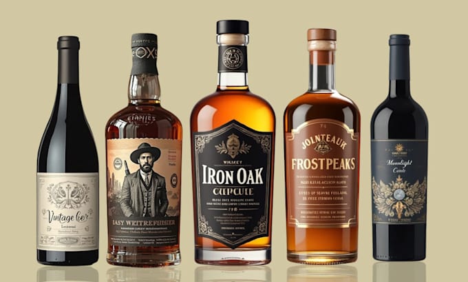 create wine label, gin, vodka, whisky, brandy, tequila, beer
