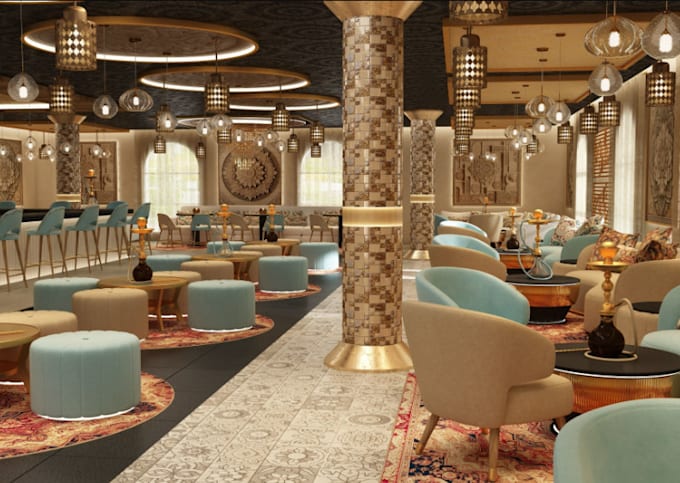visualize luxury hookah bar,interior restaurant,roastery,vip lounge,cafe render