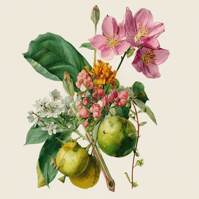 create a digital watercolor botanical illustration of flowers, plants, fruits