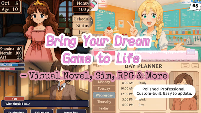 code a professional visual novel, sim, rpg with your custom system design
