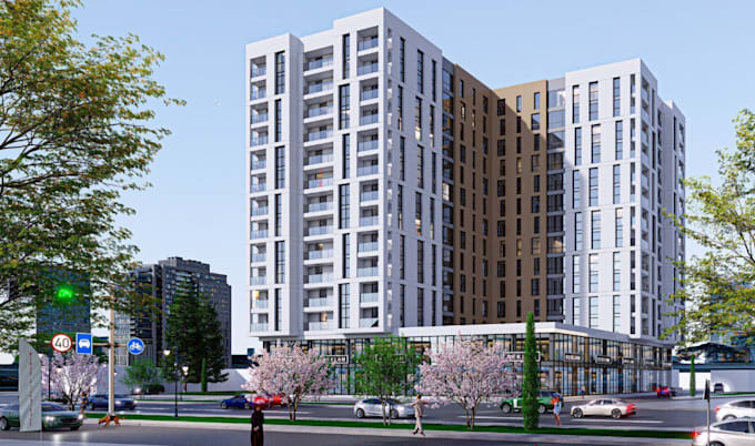 furnish 3d apartment building,highrise building, exterior rendering, revit model
