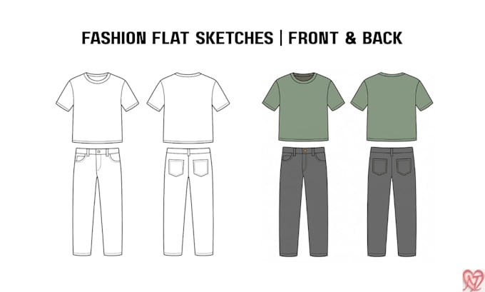 create professional fashion flat sketches, front and back