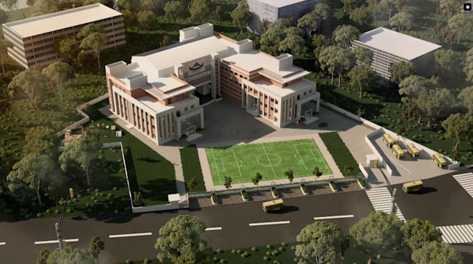 design unique institutional building,field,landscape,interior render,furnitures