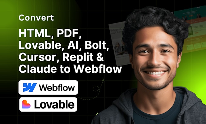 convert HTML, PDF, doc file, lovable, claude, ai, bolt replit to webflow website