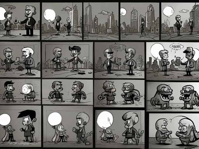 draw a 4 panel cartoon comic strip for book website lettering character design