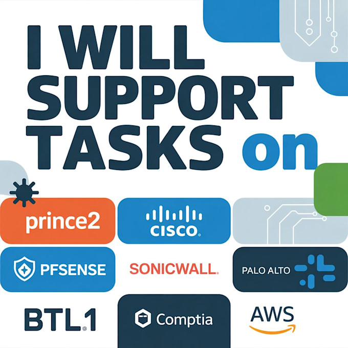 support tasks on prince2, cisco, pfsense, sonicwall, palo alto,btl1, comptia,AWS