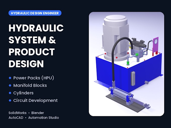 complete hydraulic power pack design, 3d modeling, rendering and simulation