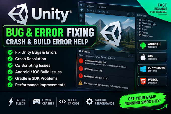 fix unity bugs, crashes, build errors and scripting issues fast