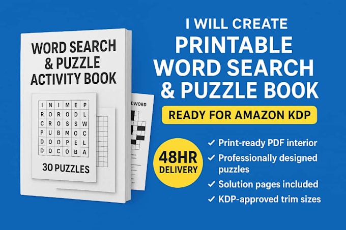 Create printable word search and puzzle activity book cover for kdp by