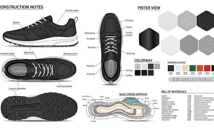 design shoe tech pack, sneakers, heels, loafers, boots for manufacturing