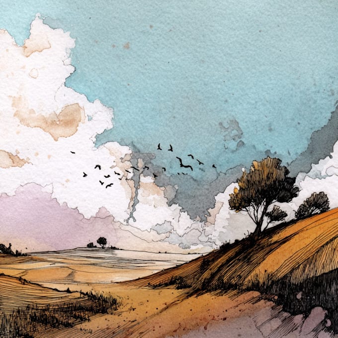 landscape sketch watercolor and ink