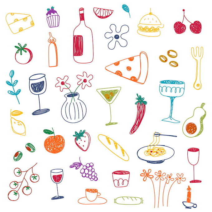 draw vibrant, multi colored handdrawn doodles