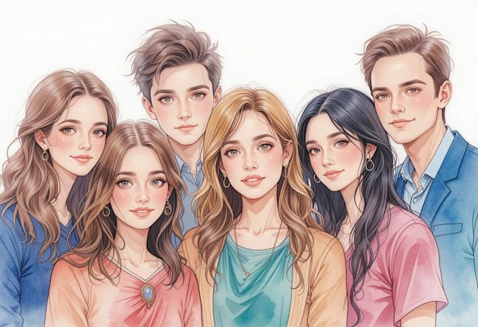 draw watercolor group portrait illustration