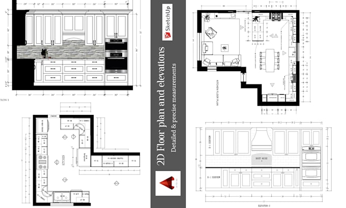 draw detailed 2d kitchen floor plans and elevations