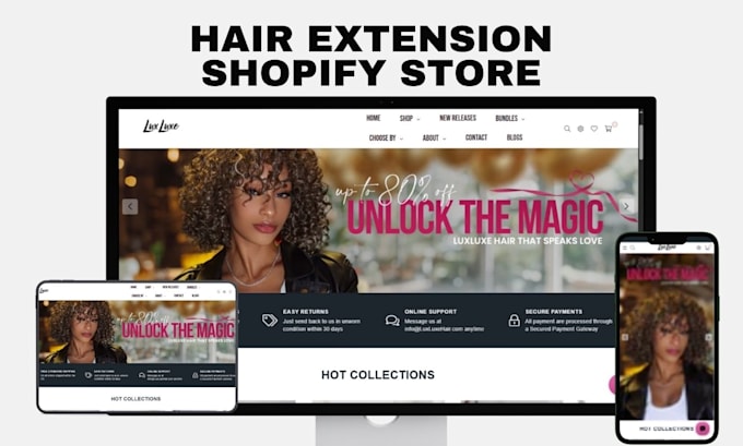 design hair extension shopify store, hair store, beauty store, beauty website
