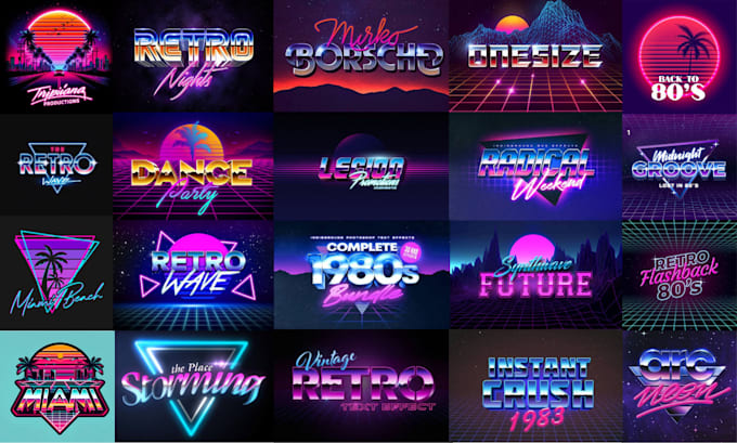 design 70s, 80s futuristic synthwave retro logo, typography with chrome effects