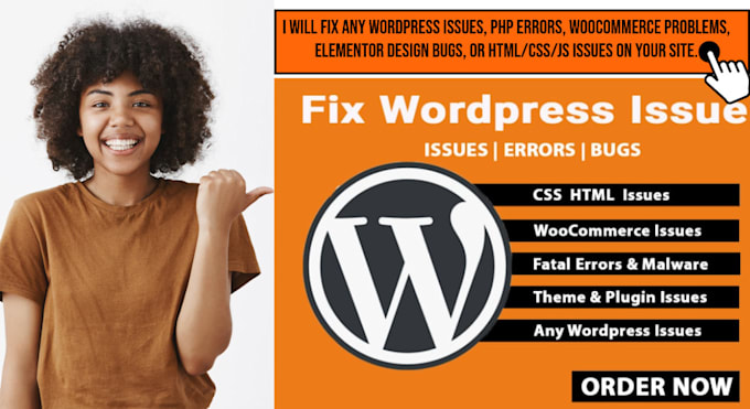 fix any wordpress issues, PHP errors, woocommerce, elementor, HTML, CSS, js bugs