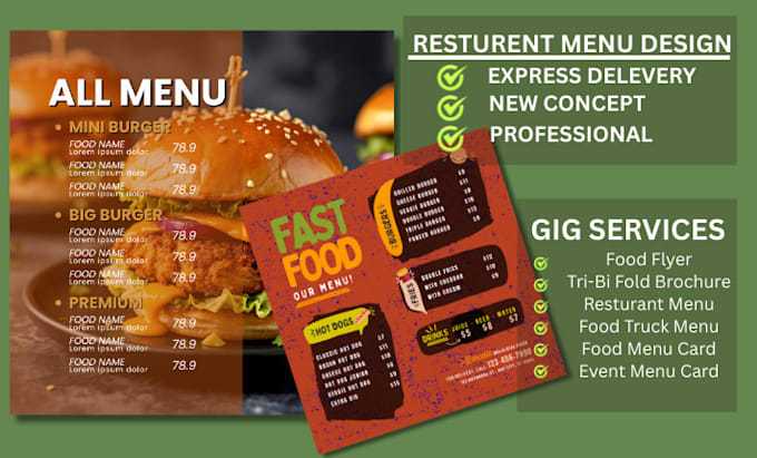 create an eye catching restaurant menu, flyer or brochure