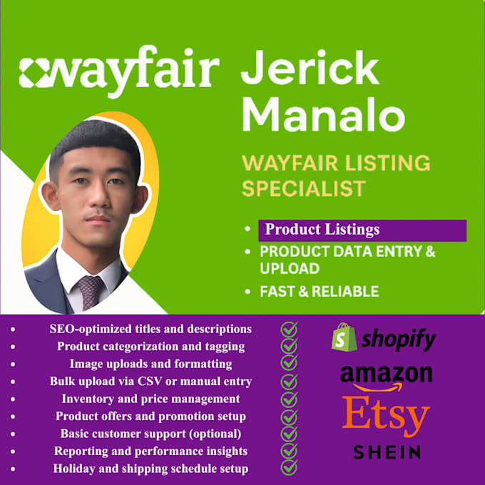 create product listings for wayfair, shopify, shein, ebay, etsy