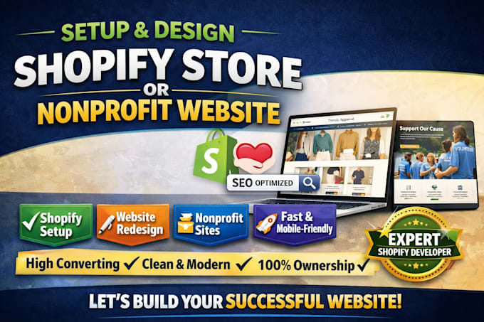 setup shopify store design nonprofit website rebuild shopify website development