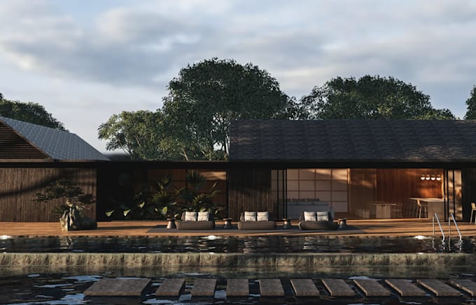 convert 2d elevation plan to 3d exterior design,patio lounge,enscape render,pool