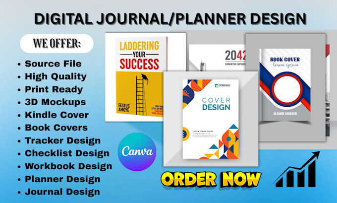 design custom journals, planners, workbooks, covers, spreadsheets, and 3d mockup