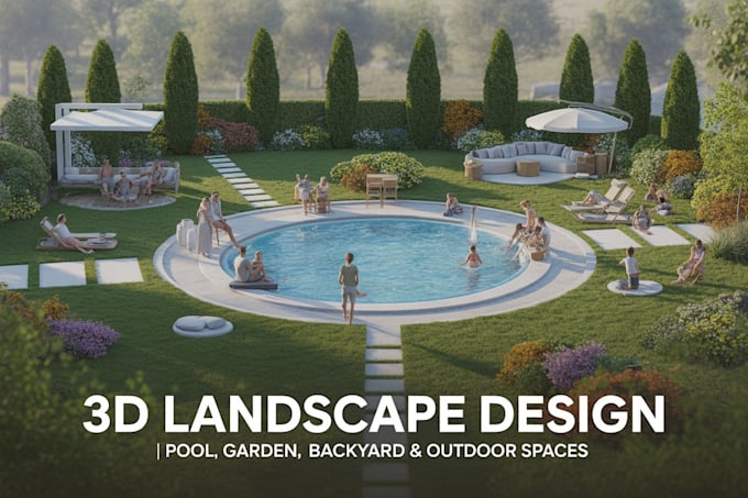create a landscape design, front yard, backyard, flower bed, pool, park, street