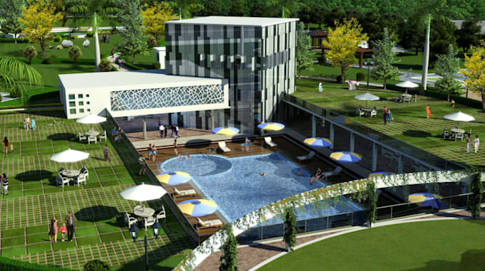 renovate 3d commercial space building, render restaurant, beach, hotel interior