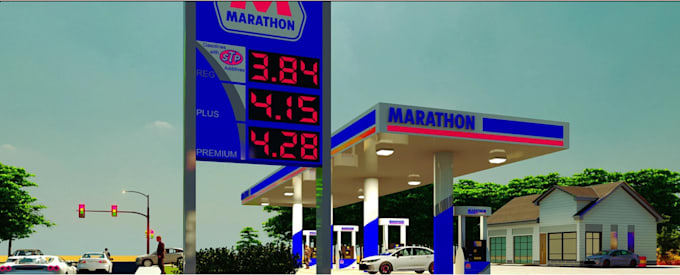 render modern commercial building, filling station, parking space, cgi rendering