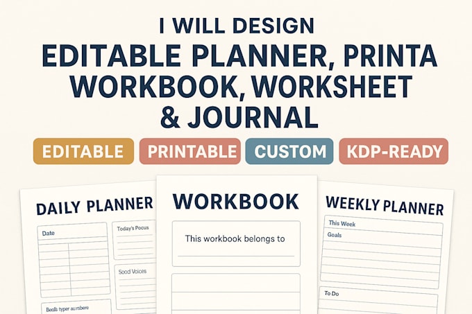 design editable planner, printable workbook, worksheet, and custom journal