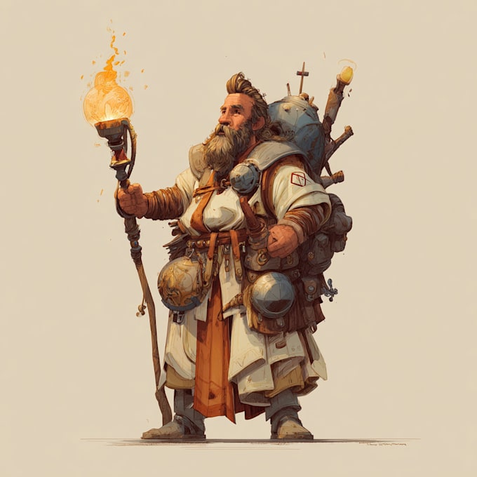 illustrate full body fantasy characters with weapons