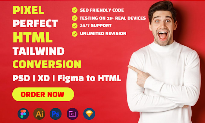 convert figma, xd, PSD to responsive tailwind CSS HTML website