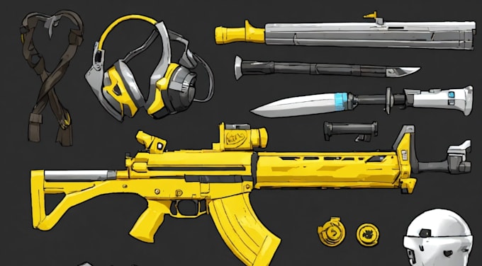 create in game material like weapons, character, game assets, game art with gui
