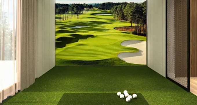 renovation contemporary golf room, green meadows,sports arena render, golf field