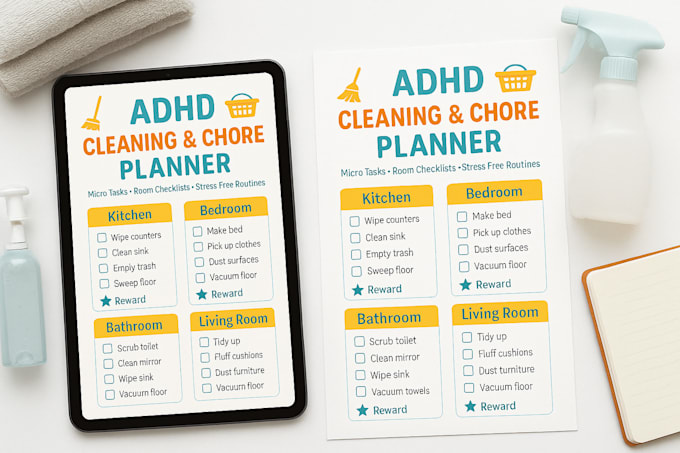 design adhd cleaning, task tracker and chore planners with micro task breakdowns