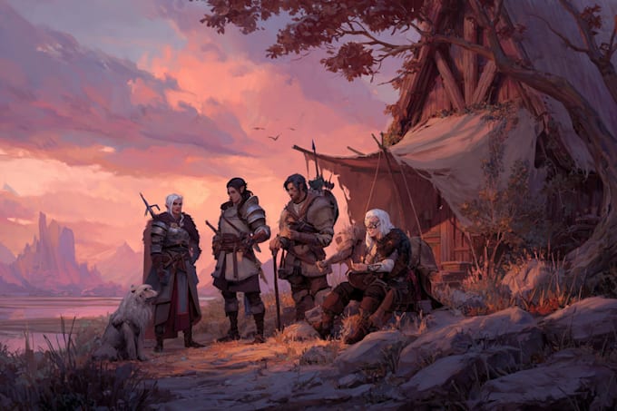illustrate dnd party for history book design