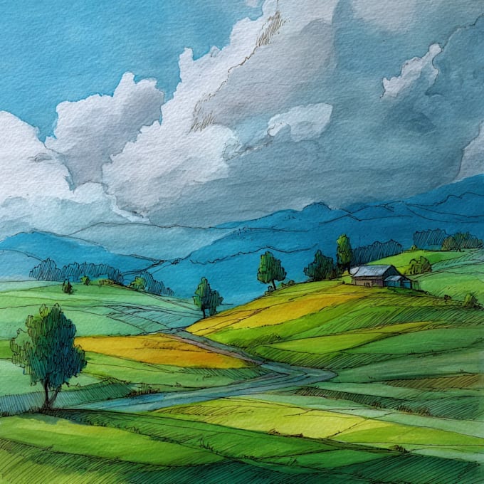Hand draw landscape sketch watercolor and ink by Tourikea | Fiverr