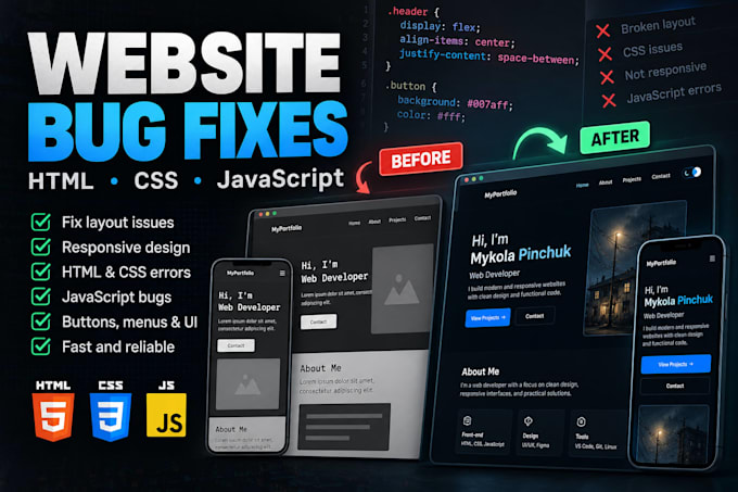 fix HTML CSS javascript bugs and website layout issues