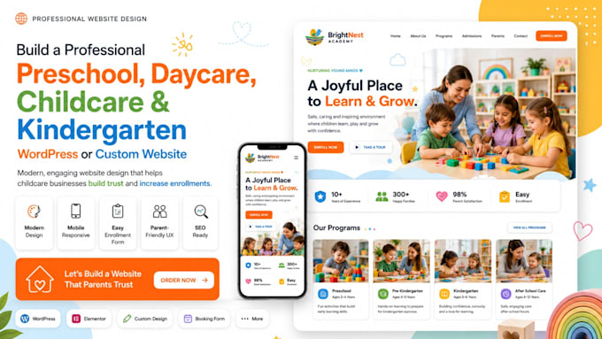 build a preschool, daycare, childcare kindergarten, wordpress or custom website