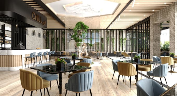 do modern 3d interior design for restaurant, cafe, bakeries, coffee shop and bar