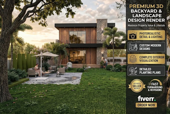 design luxury 3d backyard landscape with pool, patio and garden