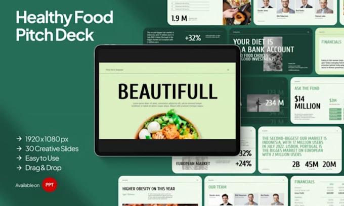 create modern startup pitch deck design with visual and market research