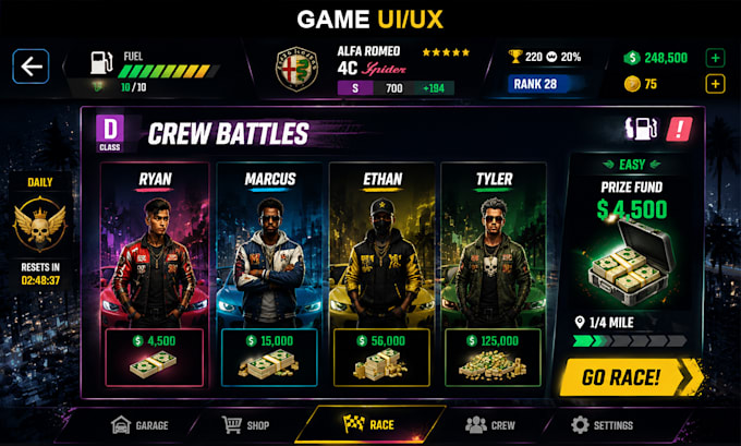 nitro speed racing game UI UX art design