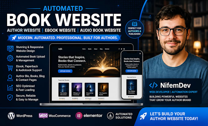 create automated book website, author website, ebook website, audio book website