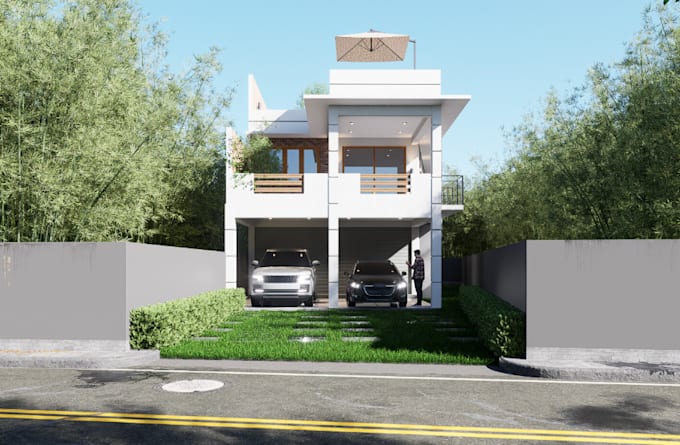 rebuild 3d contemporary house, exterior villa, sketchup render, stylish entrance