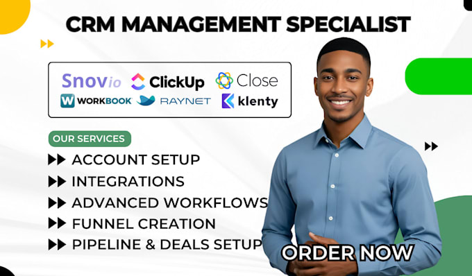 setup snov io clickup close gohighlevel raynet workbook klenty crm automation