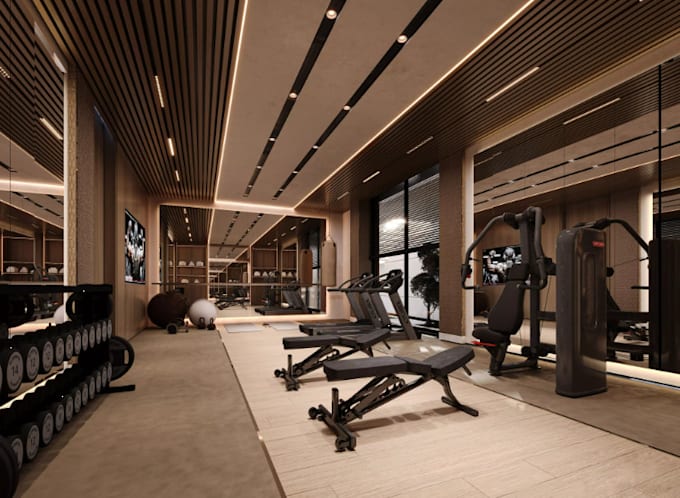 Design realistic 3d gym interiors, house gym, hot yoga rooms, pilates ...