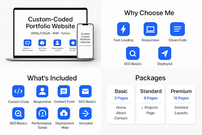 build a custom coded portfolio website in HTML CSS js PHP or python