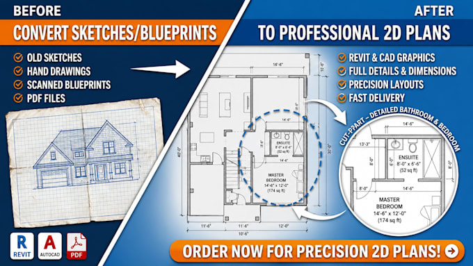 convert sketch or PDF to 2d revit, autocad floor plan for real estate and home