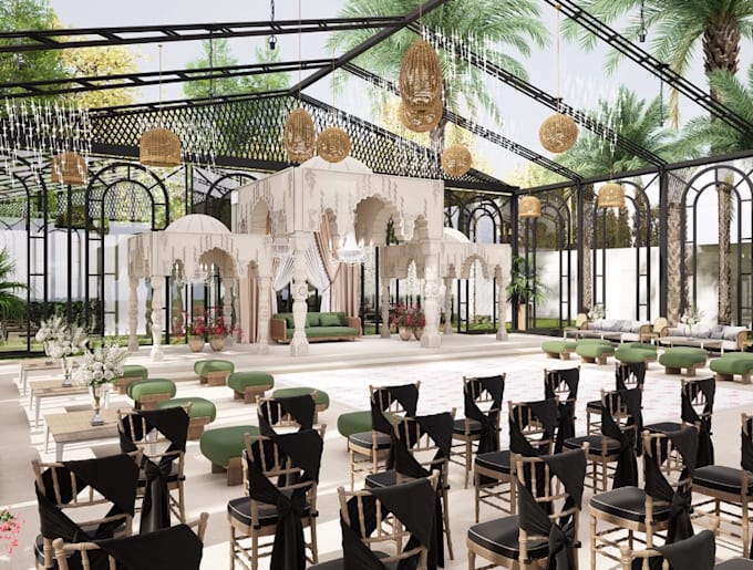 remodel canopy weeding event design, party hall, main event space, cgi rendering